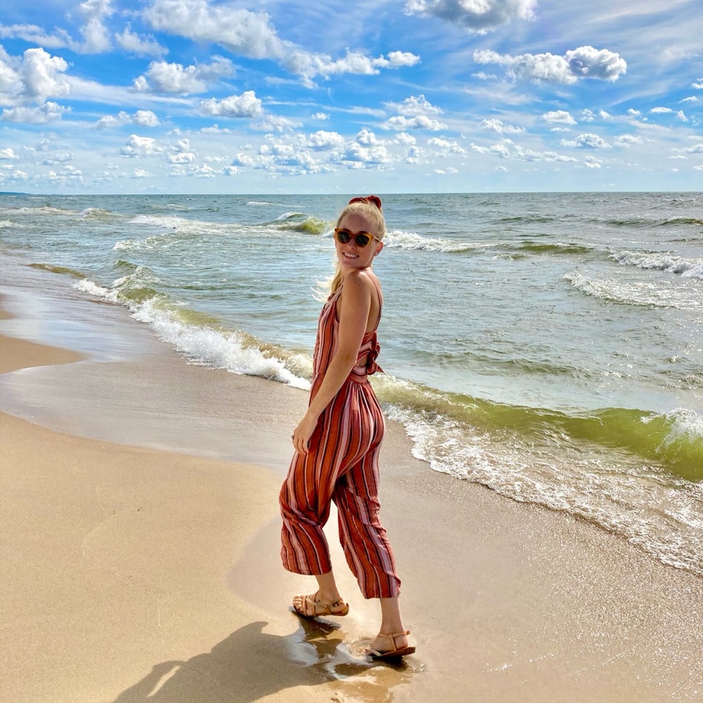 American Eagle Outfitters Striped Jumpsuit - Brown and Pink and Orange